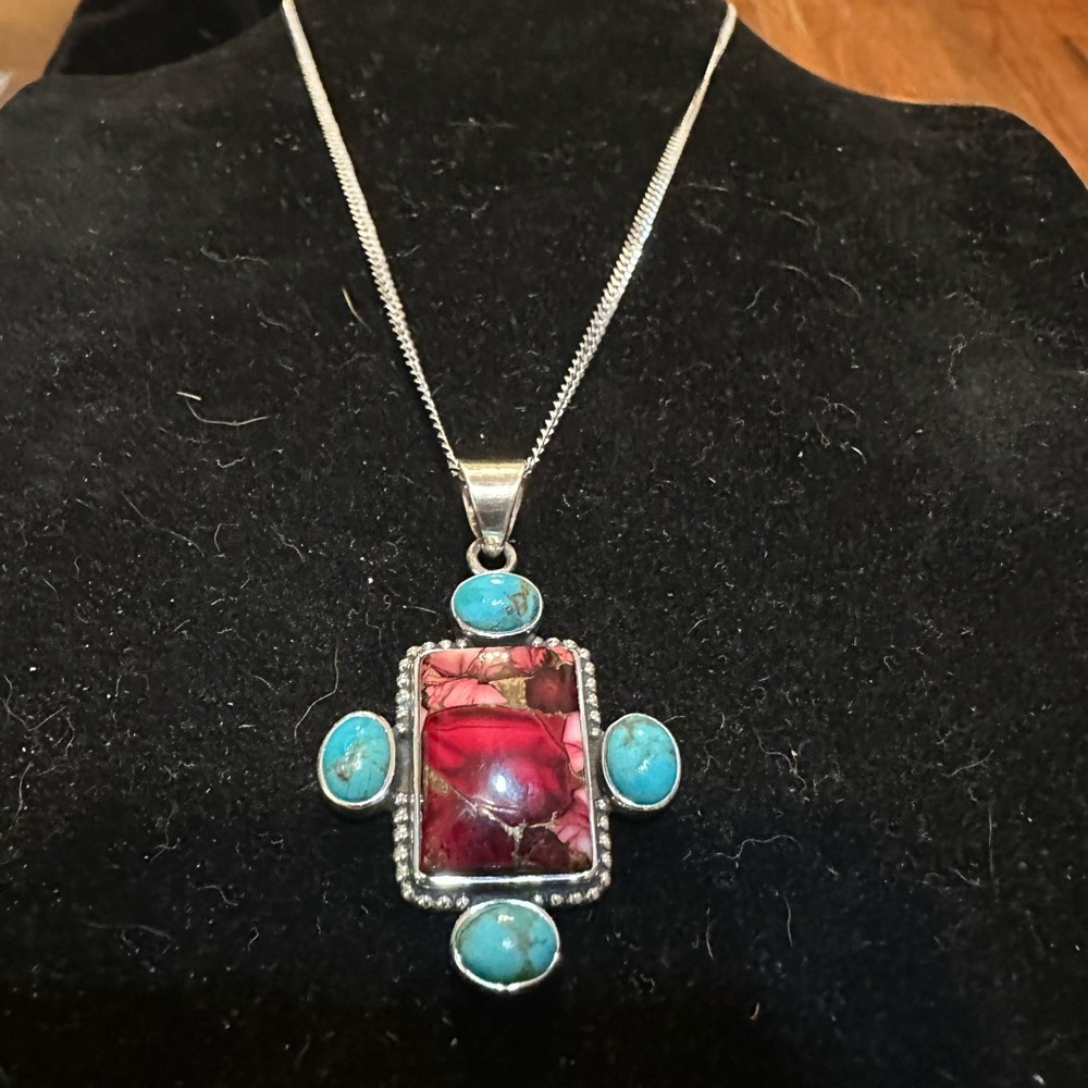 Navajo Handmade Rose Dahlia Turquoise Pendant Necklace 22" Multicolor